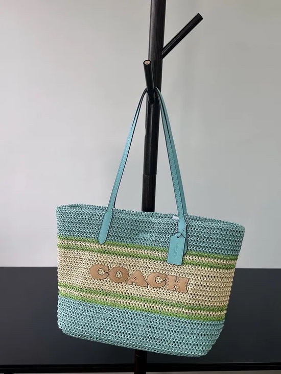 Coach Handbags - Coach Straw Tote in Light Blue, Cream and Green Stripes